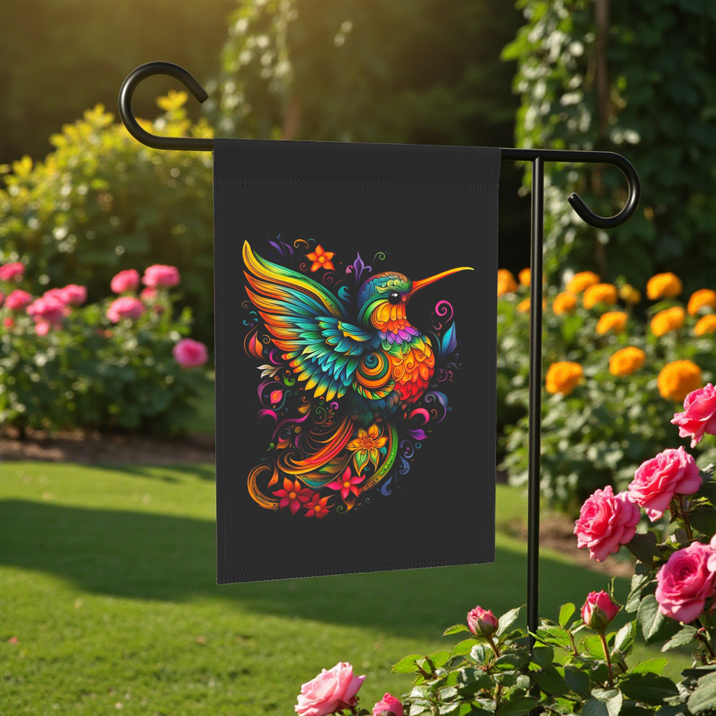 Colorful Hummingbird Garden Flag - front view - Dragonfire Gardens