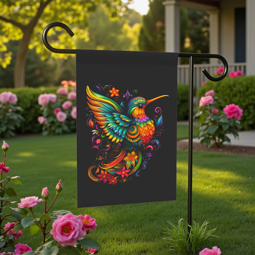 Colorful Hummingbird Garden Flag - lifestyle display - Dragonfire Gardens