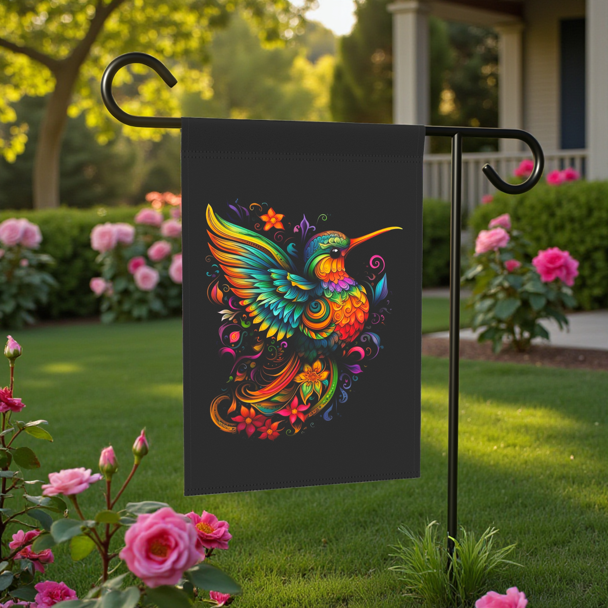 Colorful Hummingbird Garden Flag - lifestyle display - Dragonfire Gardens