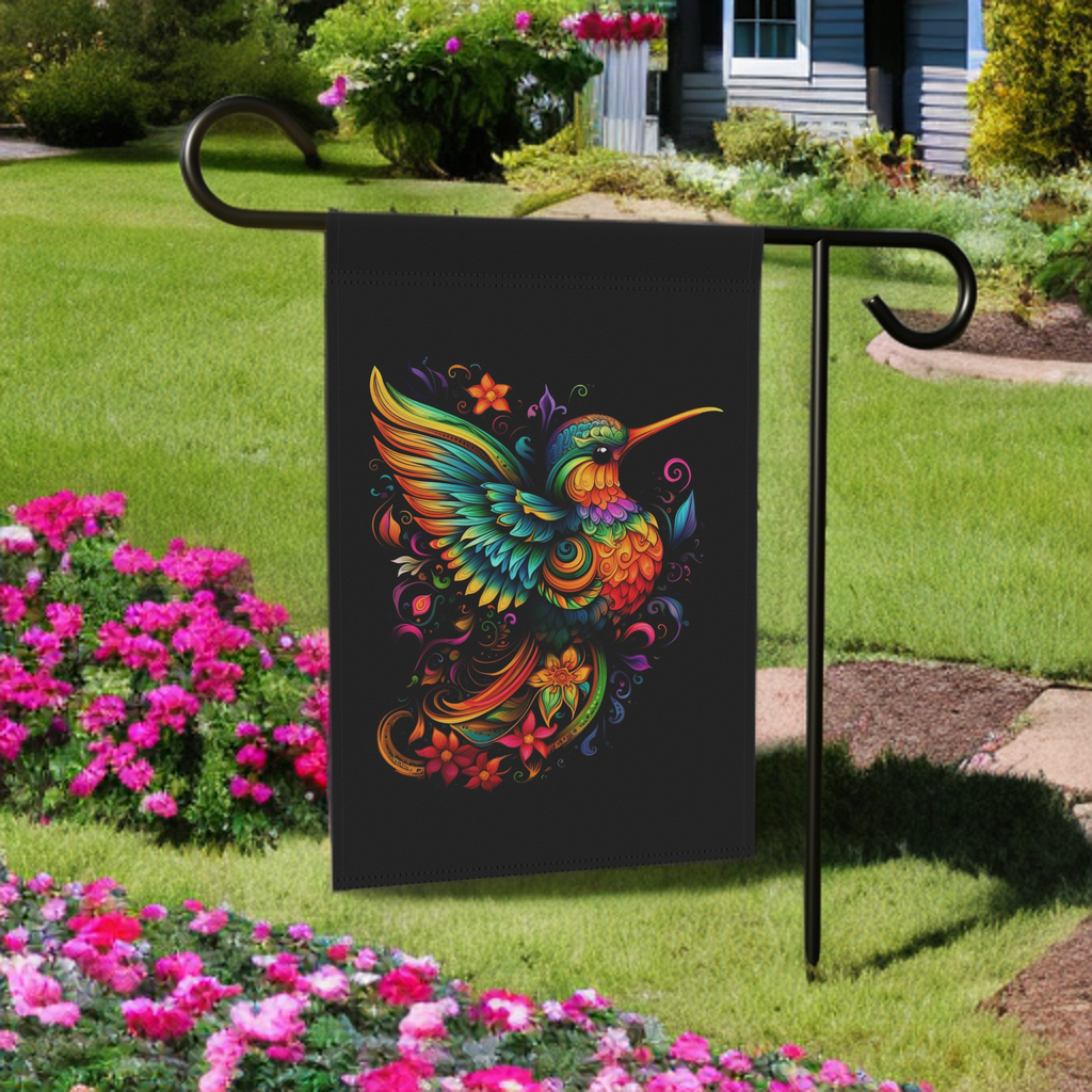 Colorful Hummingbird Garden Flag - size comparison - Dragonfire Gardens