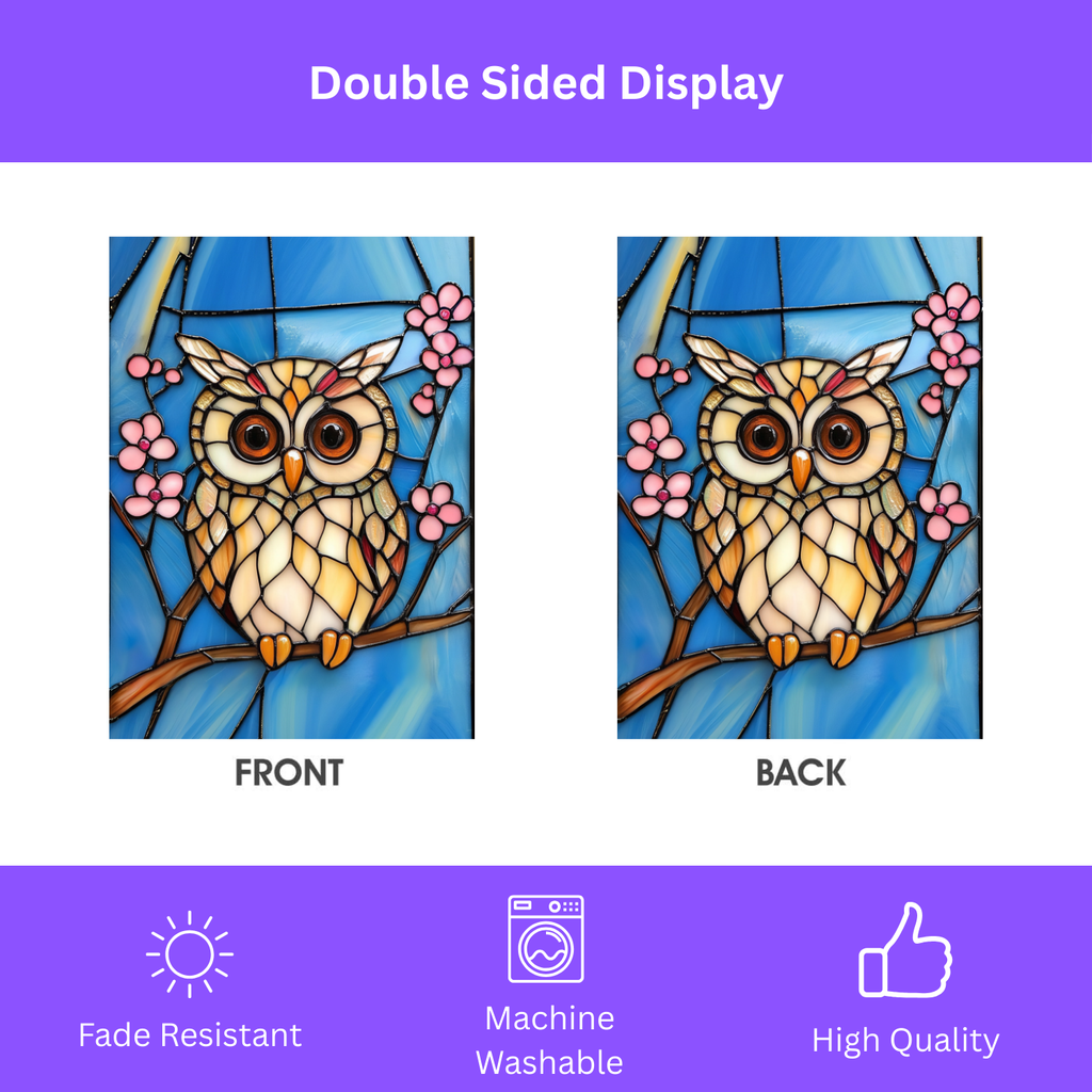 Stained Glass Owl Garden Flag - yard display - Dragonfire Gardens