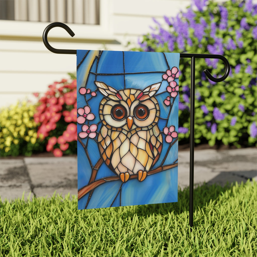 Stained Glass Owl Garden Flag - close-up detail - Dragonfire Gardens