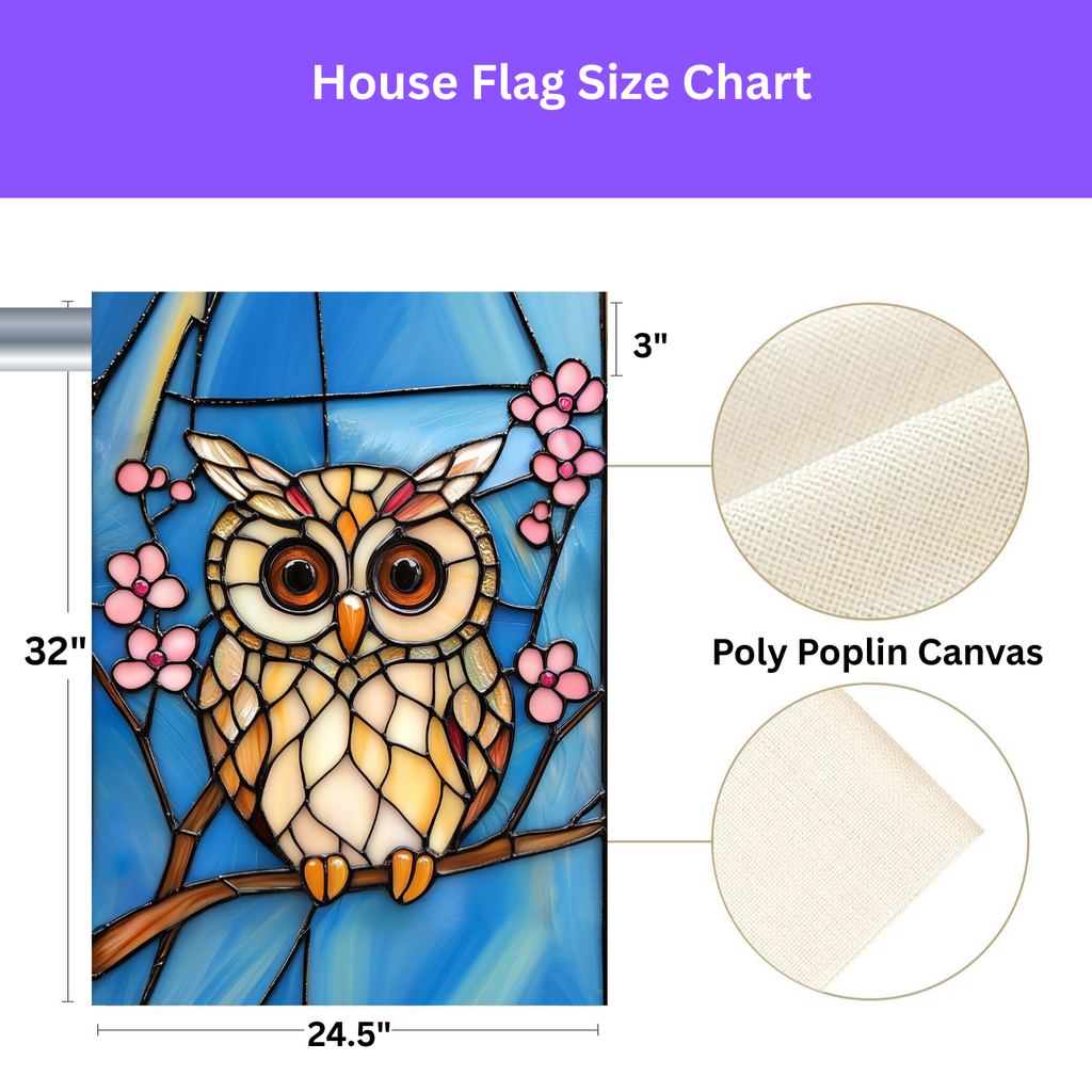 Stained Glass Owl Garden Flag - size comparison - Dragonfire Gardens
