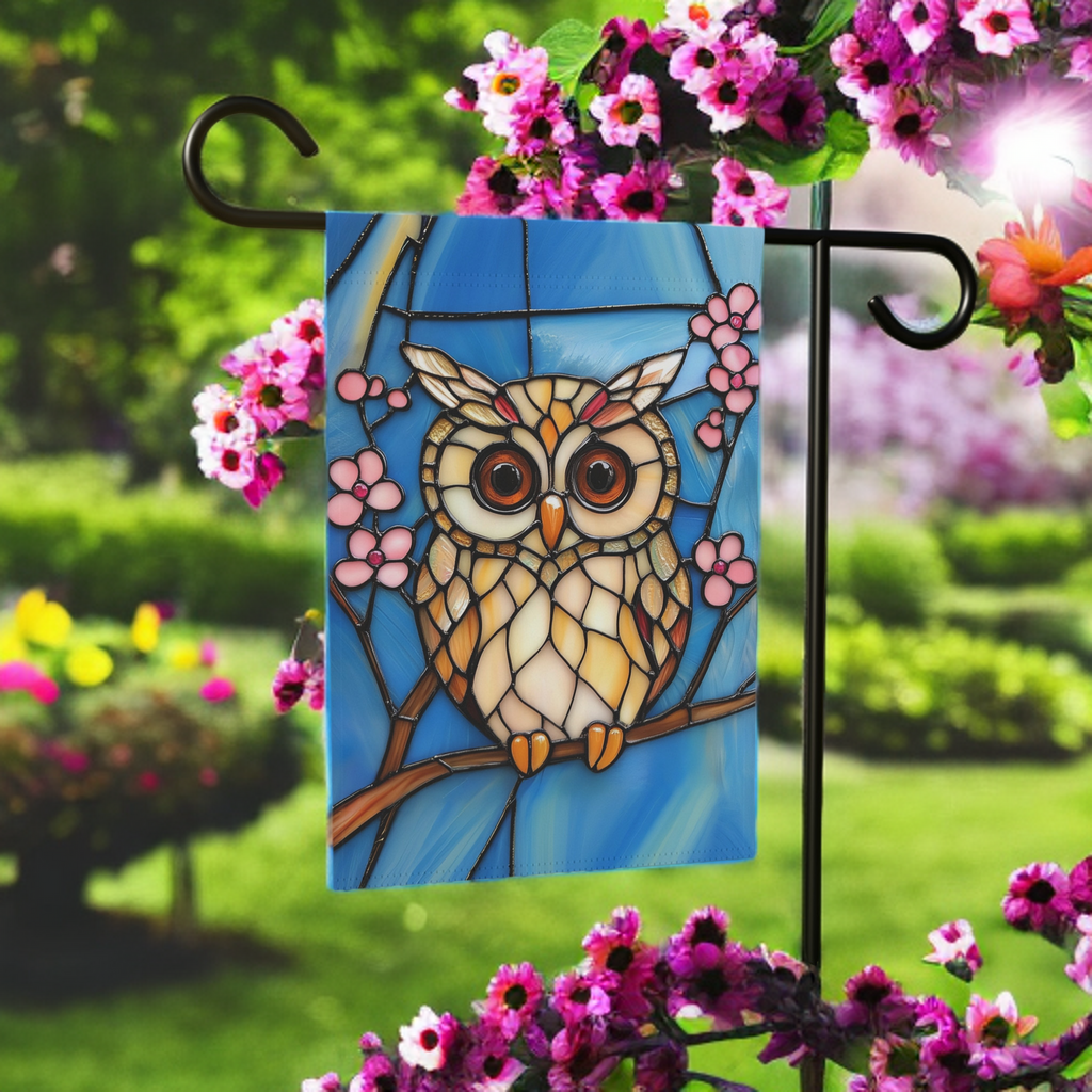 Stained Glass Owl Garden Flag - outdoor display - Dragonfire Gardens