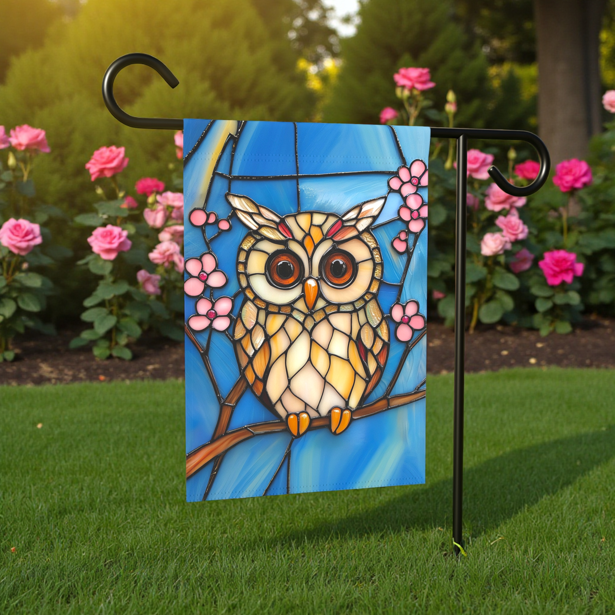 Stained Glass Owl Garden Flag - lifestyle display - Dragonfire Gardens