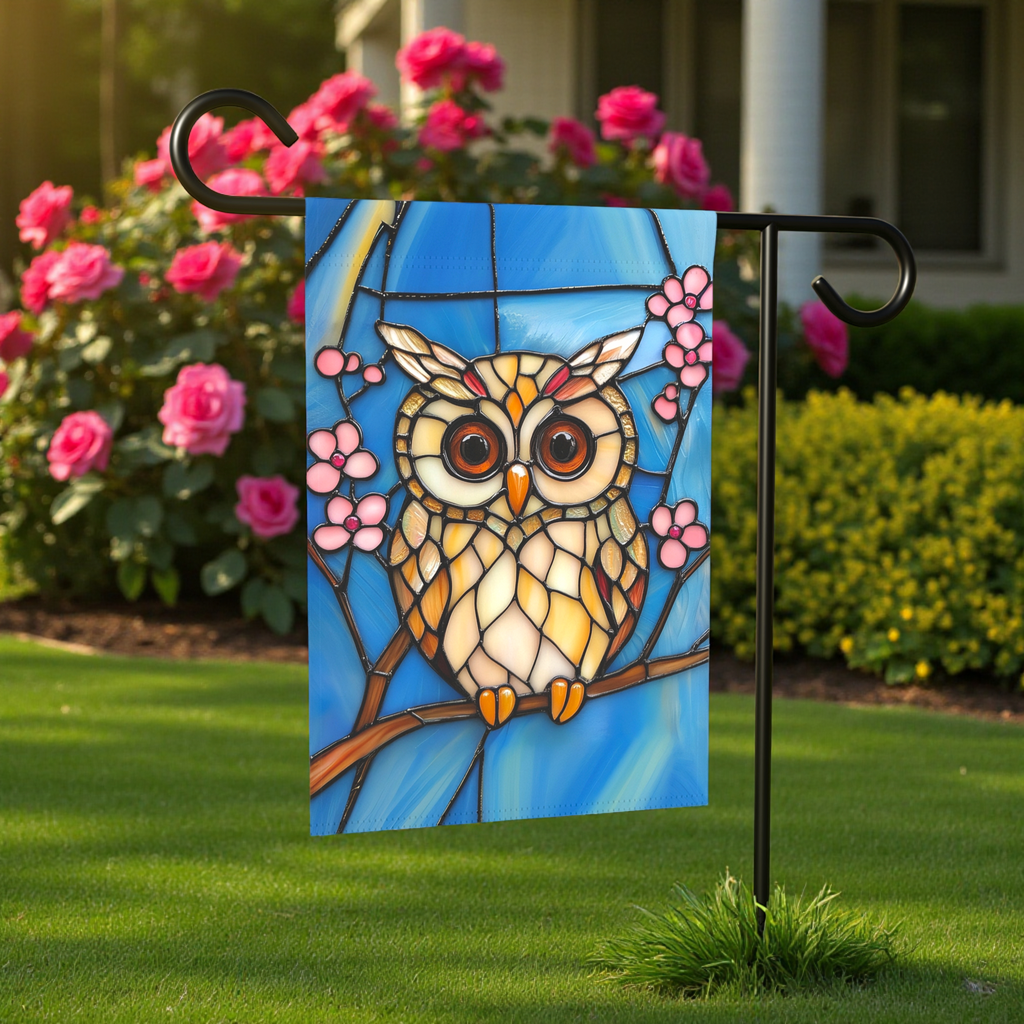 Stained Glass Owl Garden Flag - front view - Dragonfire Gardens