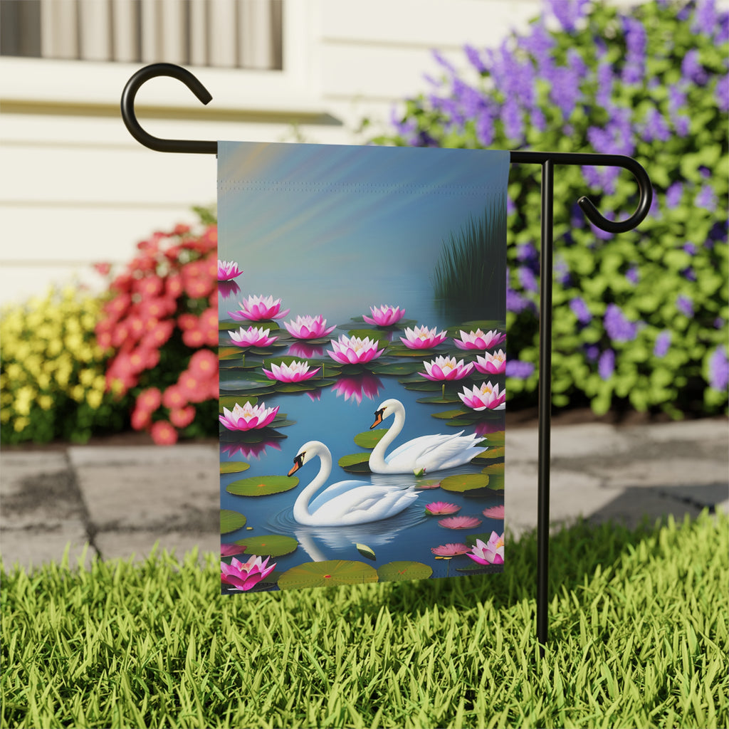 Lotus Flower Swan Garden Flag - outdoor display - Dragonfire Gardens