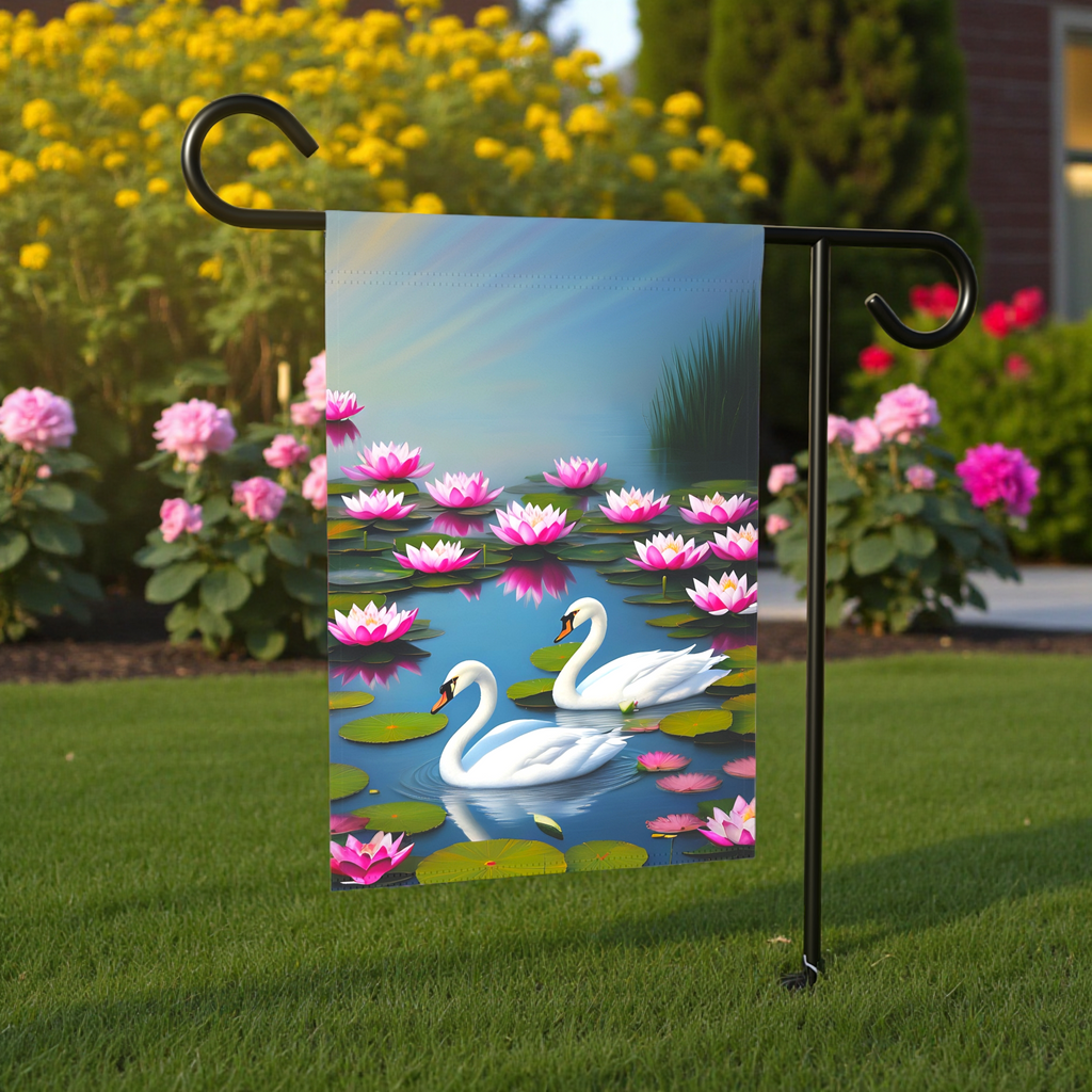 Lotus Flower Swan Garden Flag - lifestyle display - Dragonfire Gardens