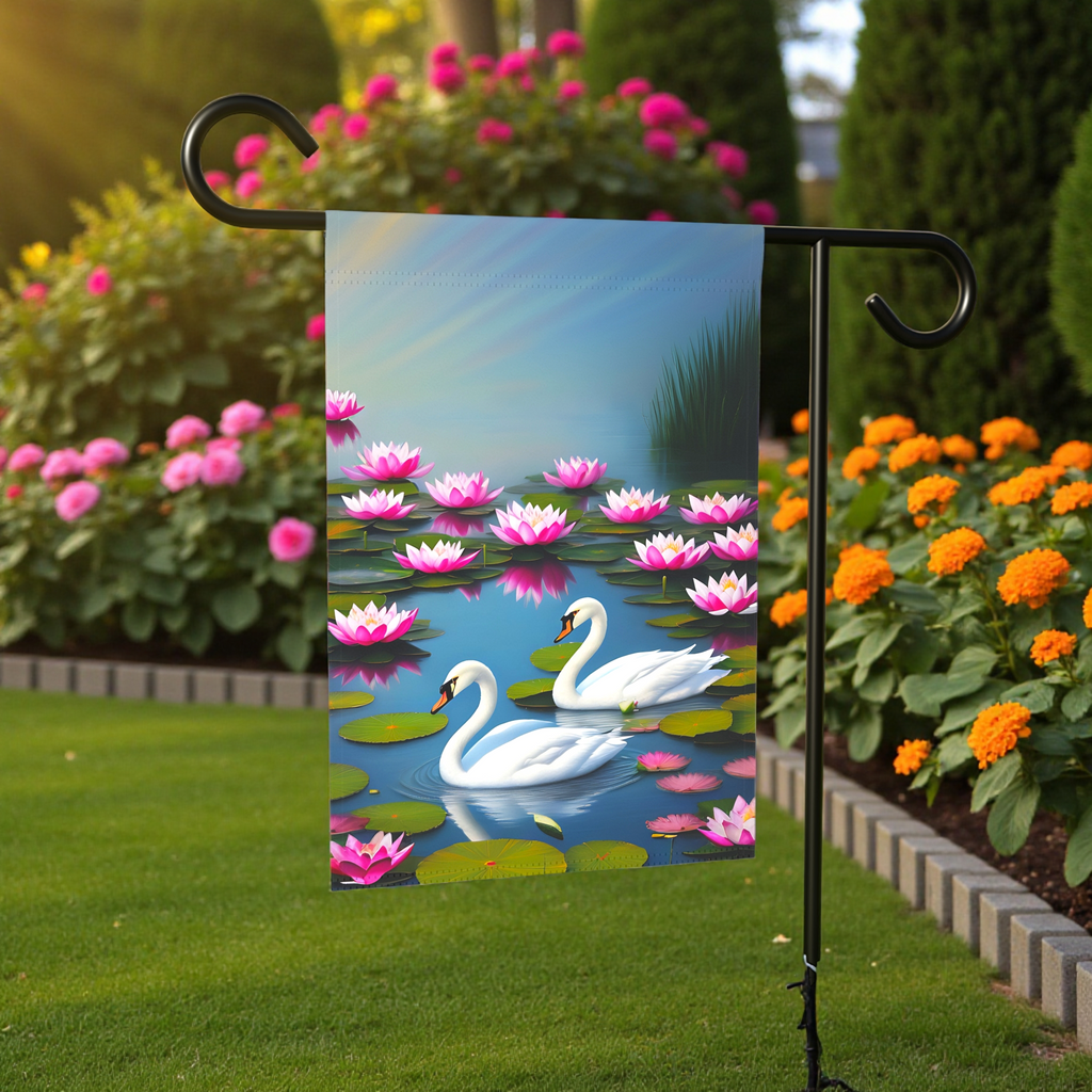 Lotus Flower Swan Garden Flag - front view - Dragonfire Gardens