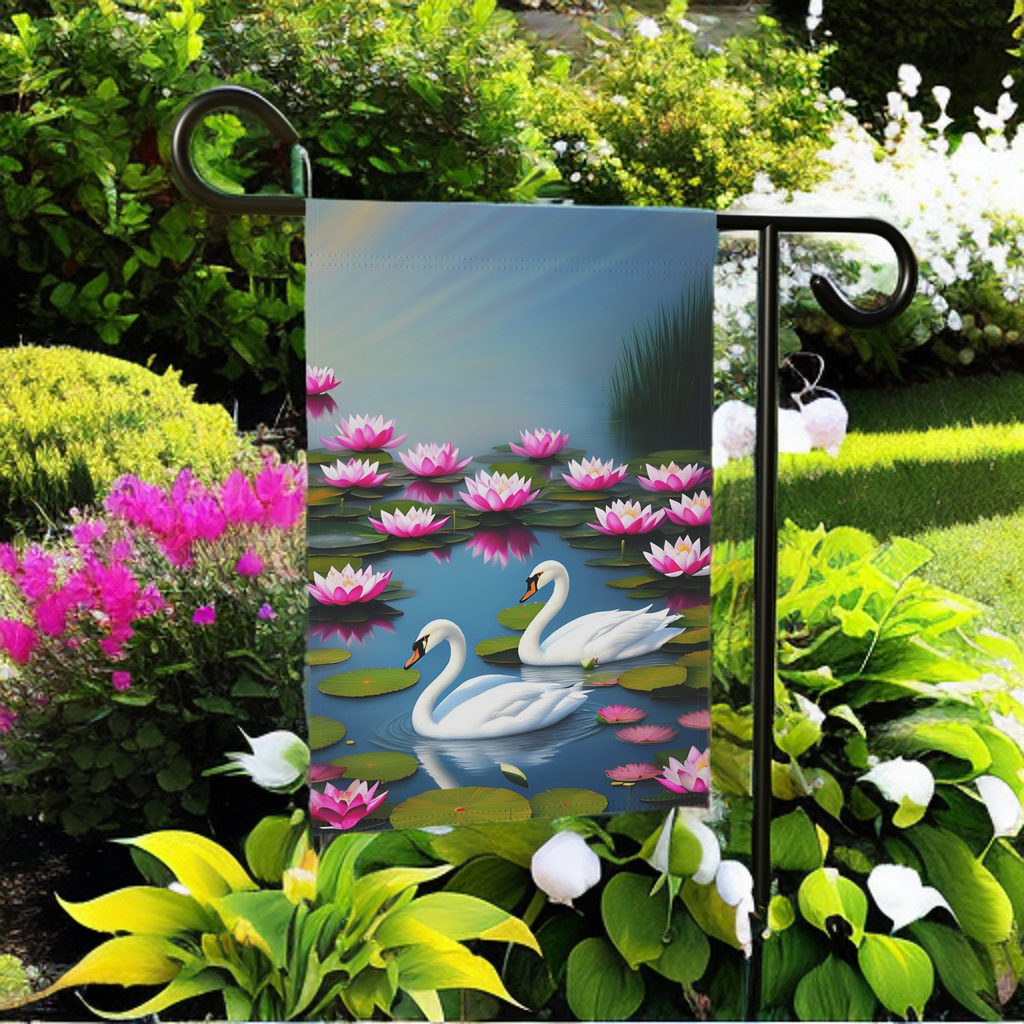 Lotus Flower Swan Garden Flag - size comparison - Dragonfire Gardens