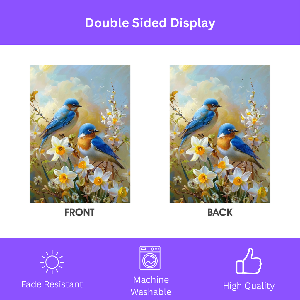 Yellow Daffodil Blue Birds Garden Flag - double-sided design - Dragonfire Gardens