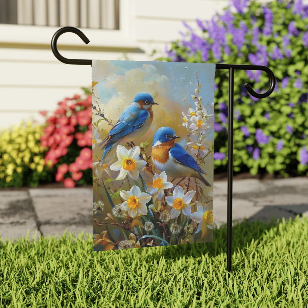 Yellow Daffodil Blue Birds Garden Flag - outdoor display - Dragonfire Gardens
