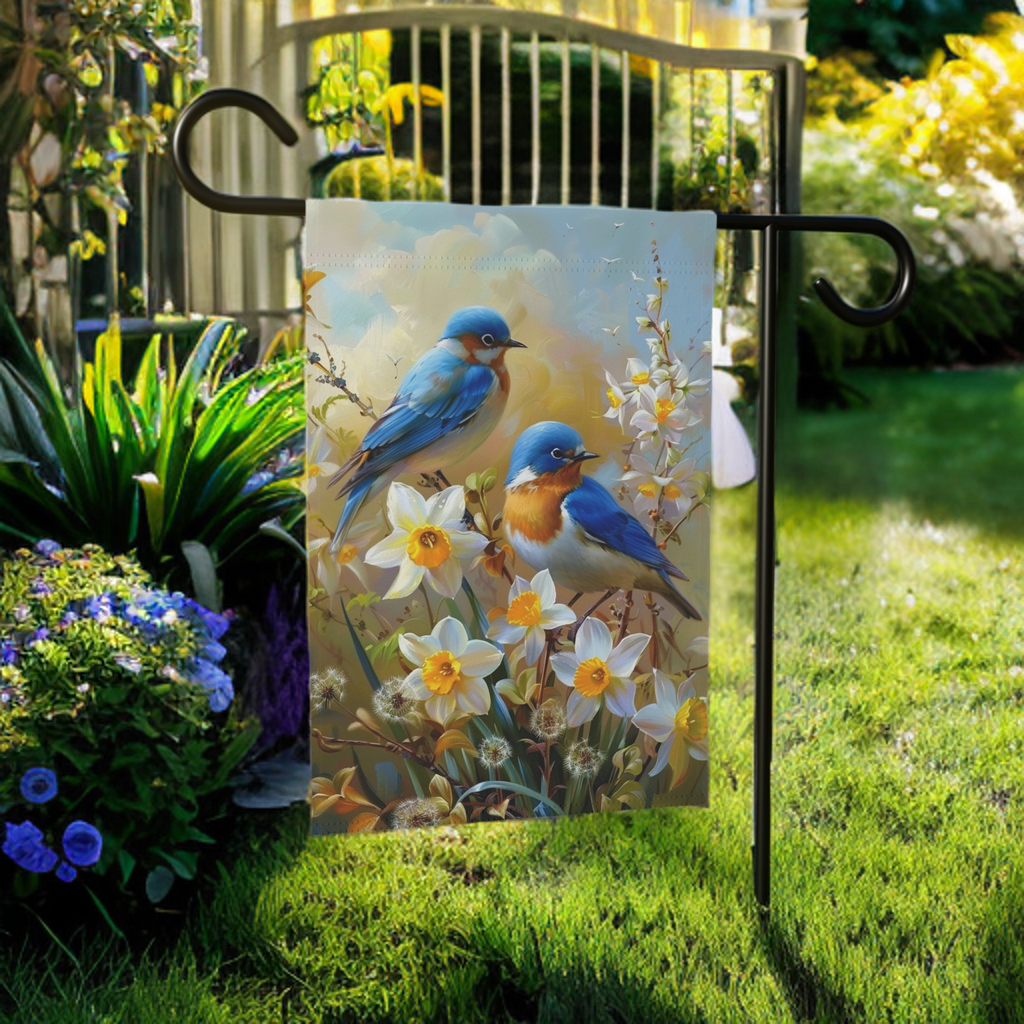 Yellow Daffodil Blue Birds Garden Flag - size comparison - Dragonfire Gardens