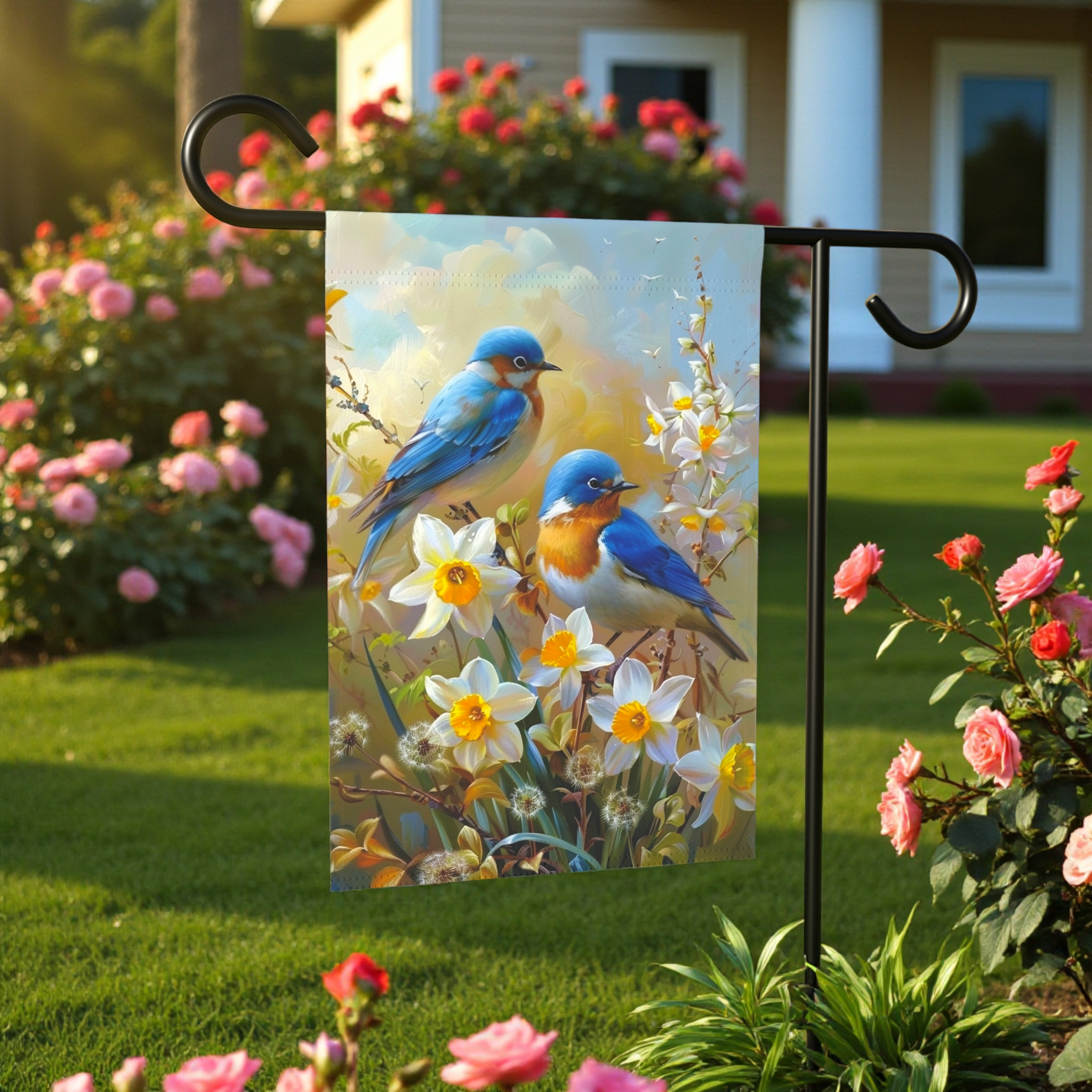 Yellow Daffodil Blue Birds Garden Flag - lifestyle display - Dragonfire Gardens