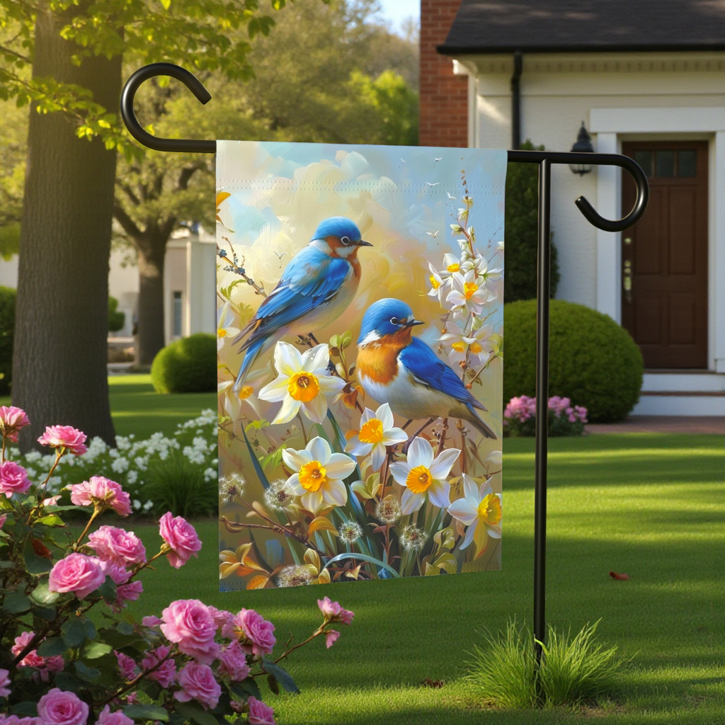 Yellow Daffodil Blue Birds Garden Flag - front view - Dragonfire Gardens