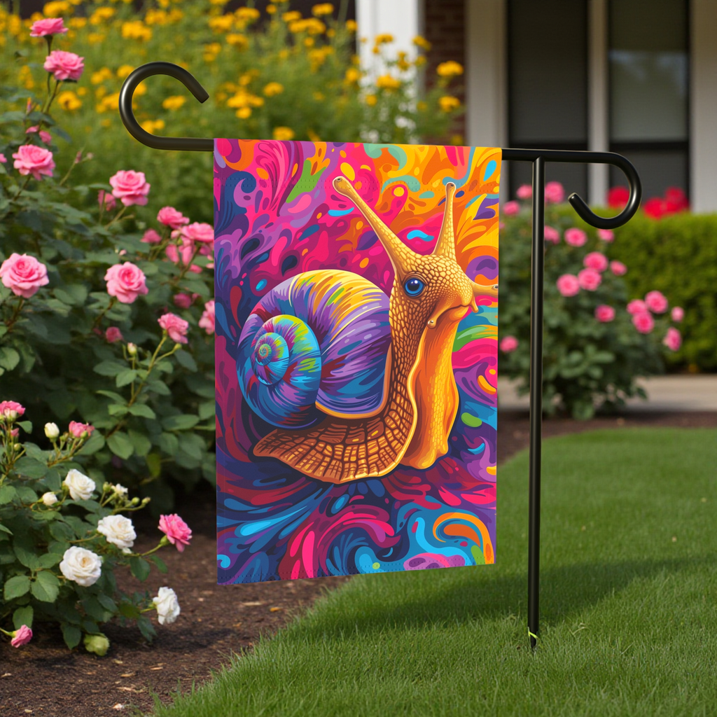 Colorful Snail Garden Flag - lifestyle display - Dragonfire Gardens