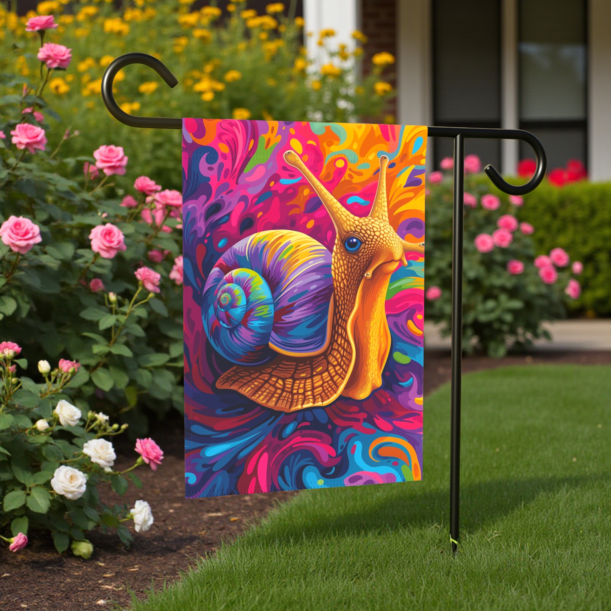 Colorful Snail Garden Flag - lifestyle display - Dragonfire Gardens