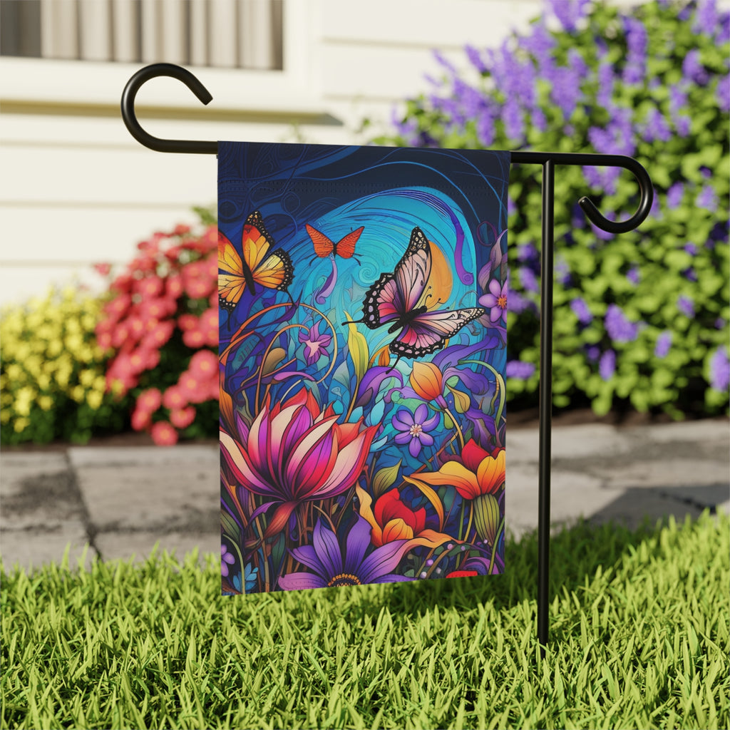 Colorful Flowers and Butterflies Garden Flag - outdoor display - Dragonfire Gardens