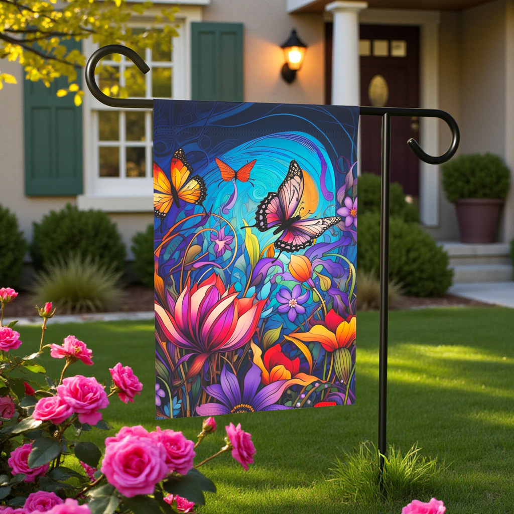 Colorful Flowers and Butterflies Garden Flag - front view - Dragonfire Gardens