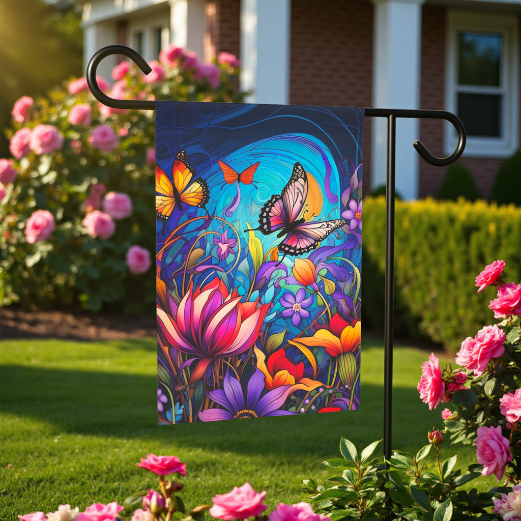 Colorful Flowers and Butterflies Garden Flag - size comparison - Dragonfire Gardens
