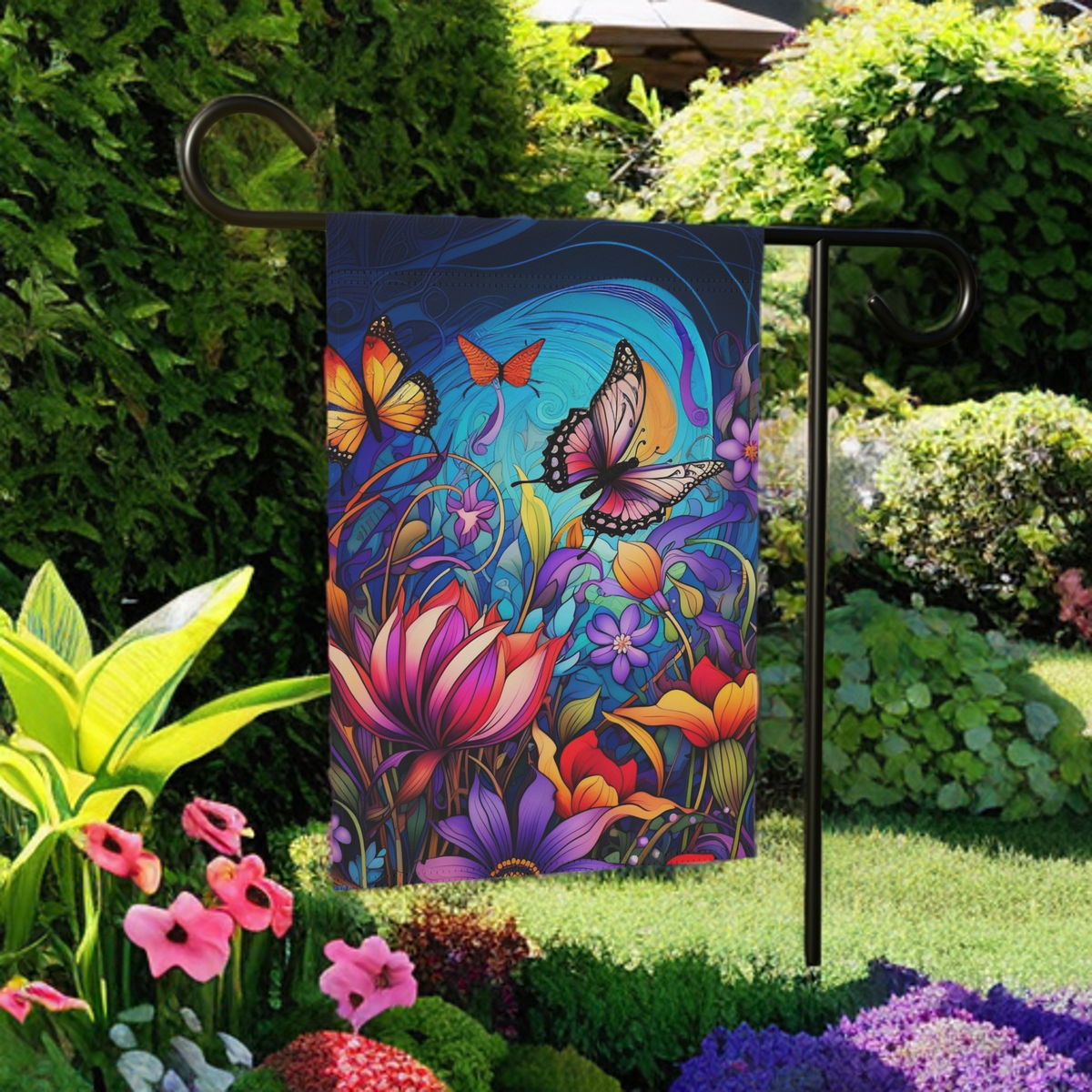 Colorful Flowers and Butterflies Garden Flag - lifestyle display - Dragonfire Gardens