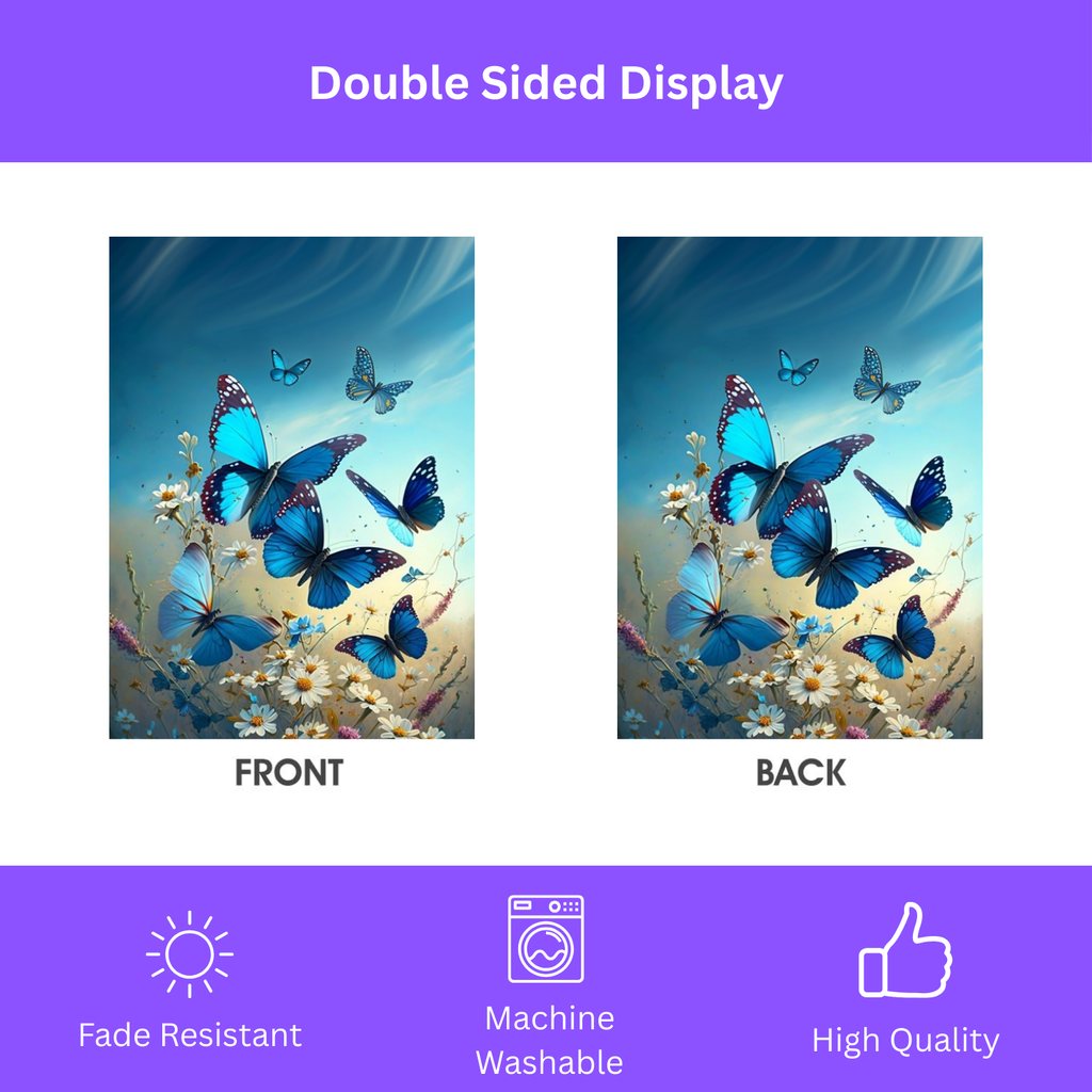 Blue Butterflies and Daisies Garden Flag - double-sided design - Dragonfire Gardens