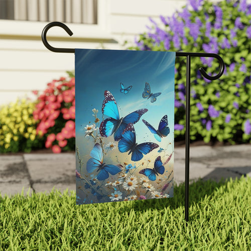 Blue Butterflies and Daisies Garden Flag - outdoor display - Dragonfire Gardens