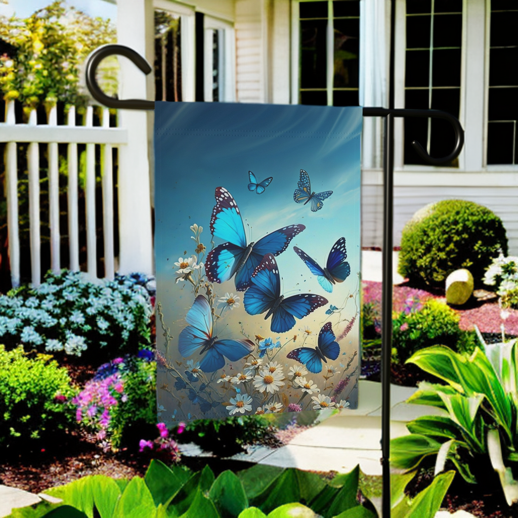Blue Butterflies and Daisies Garden Flag - size comparison - Dragonfire Gardens