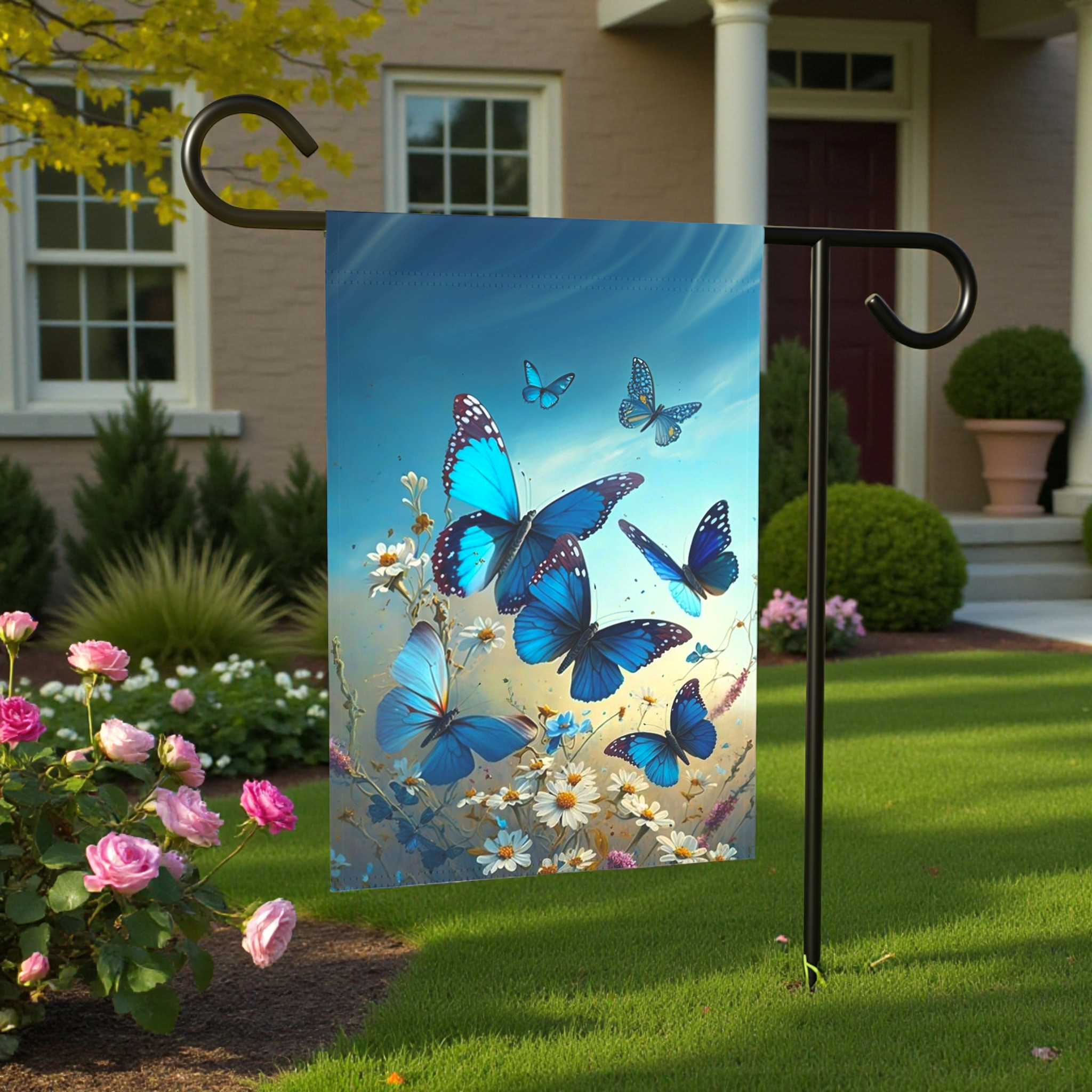 Blue Butterflies and Daisies Garden Flag - lifestyle display - Dragonfire Gardens