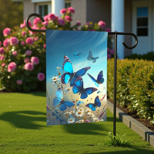 Blue Butterflies and Daisies Garden Flag - front view - Dragonfire Gardens