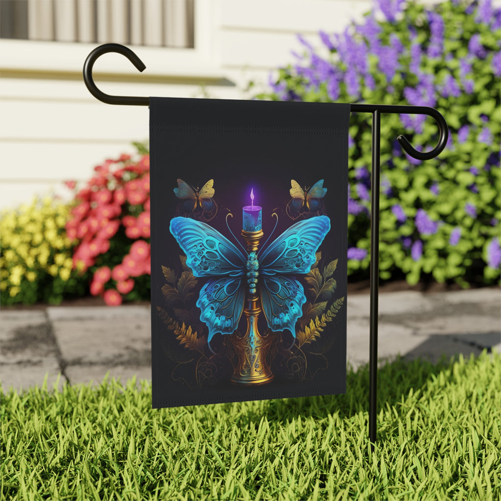 Blue Butterfly Candle Garden Flag - outdoor display - Dragonfire Gardens