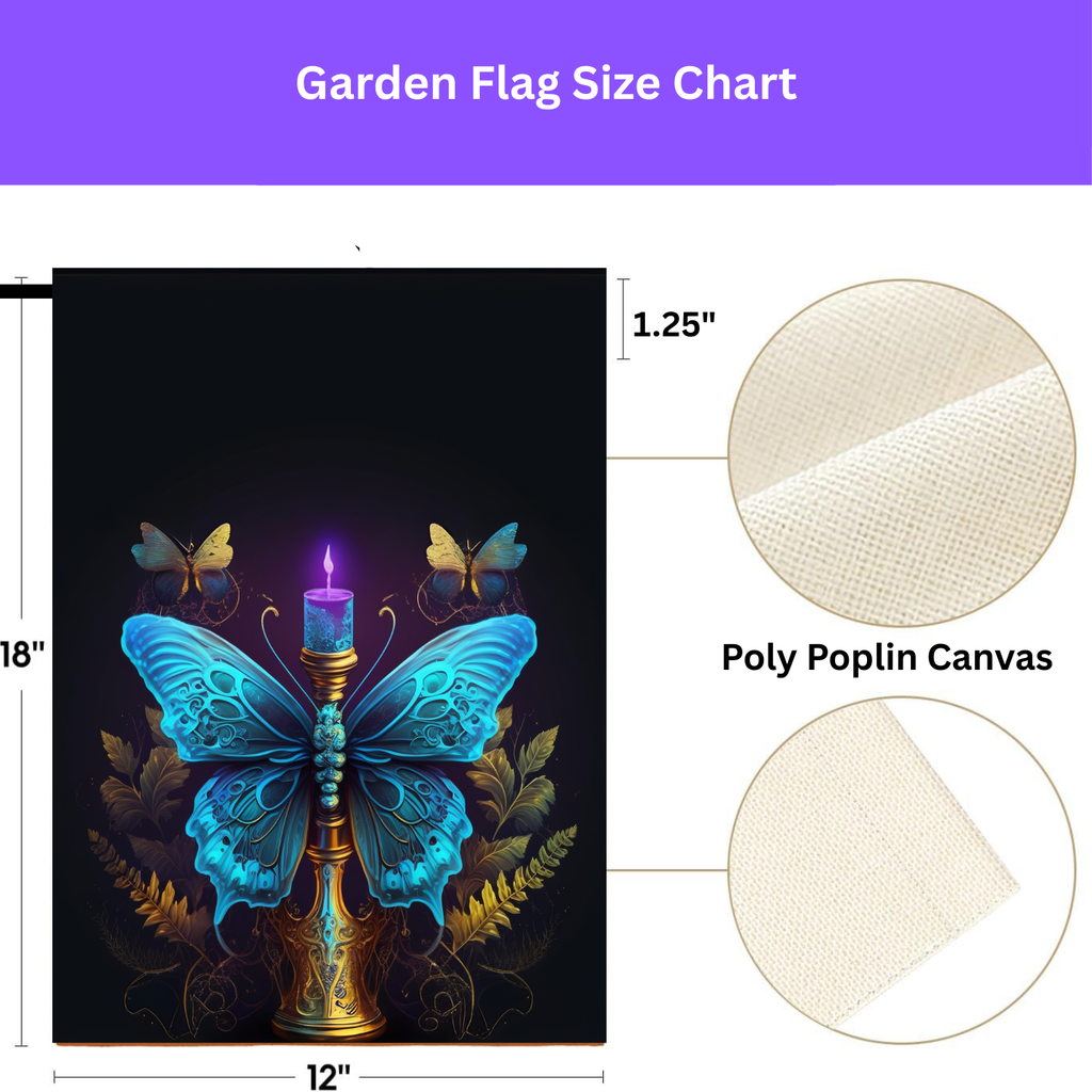 Blue Butterfly Candle Garden Flag - porch decor - Dragonfire Gardens