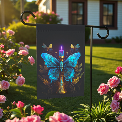 Blue Butterfly Candle Garden Flag - front view - Dragonfire Gardens