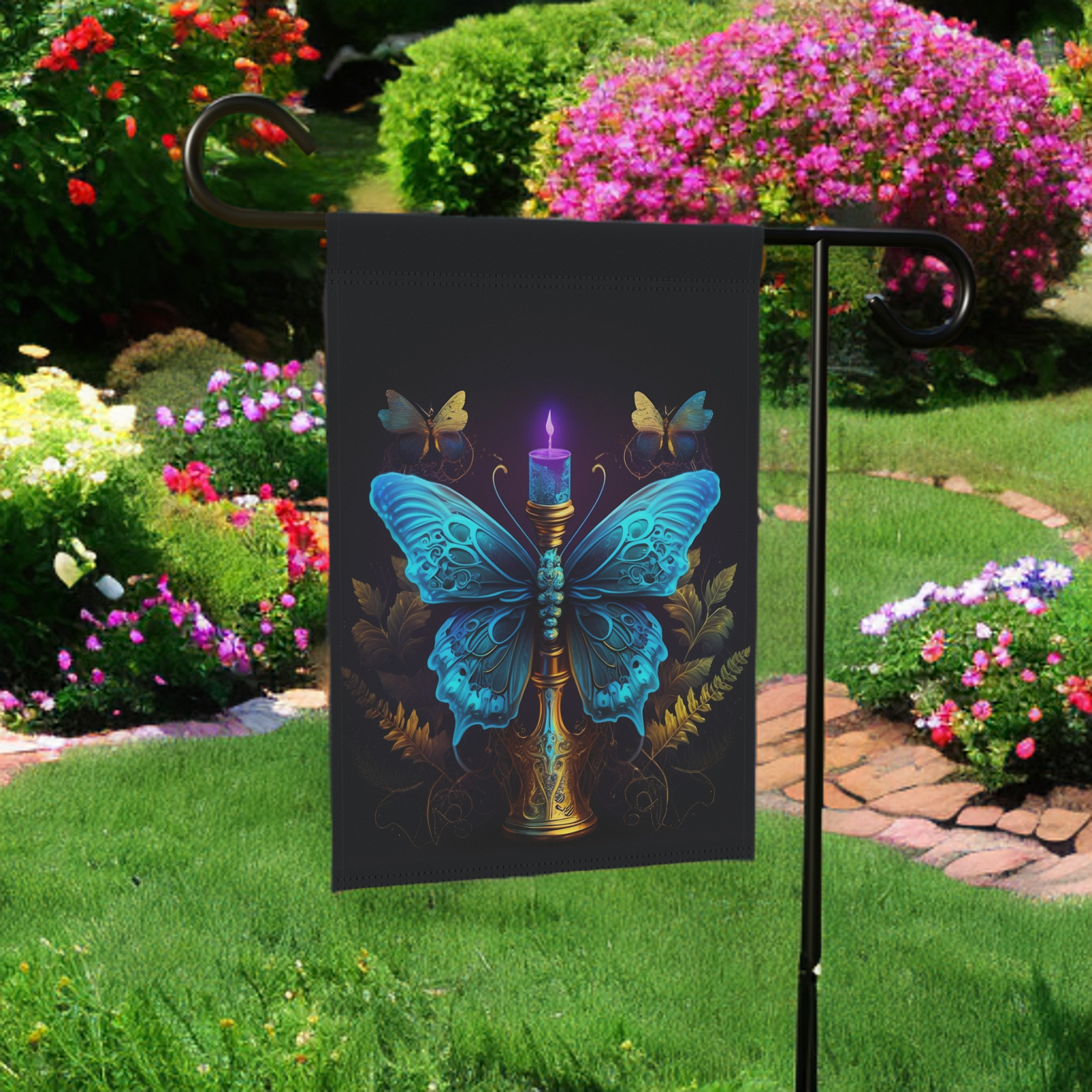 Blue Butterfly Candle Garden Flag - lifestyle display - Dragonfire Gardens