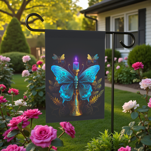 Blue Butterfly Candle Garden Flag - size comparison - Dragonfire Gardens