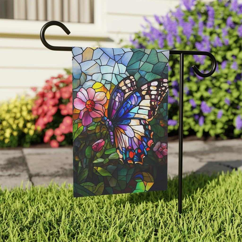 Stained Glass Butterfly Garden Flag - outdoor display - Dragonfire Gardens