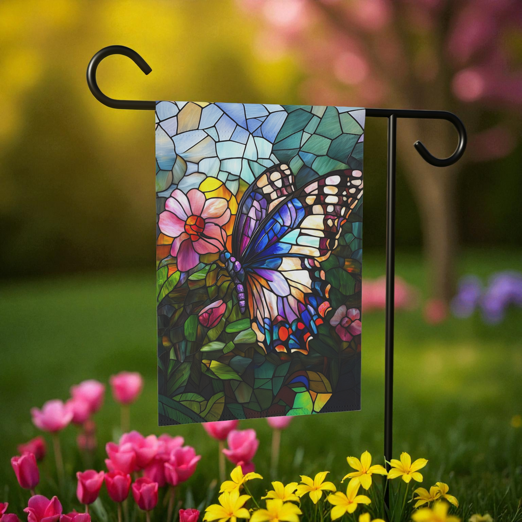 Stained Glass Butterfly Garden Flag - size comparison - Dragonfire Gardens