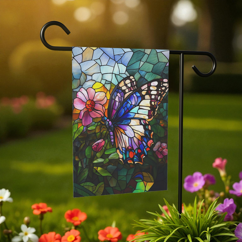 Stained Glass Butterfly Garden Flag - lifestyle display - Dragonfire Gardens