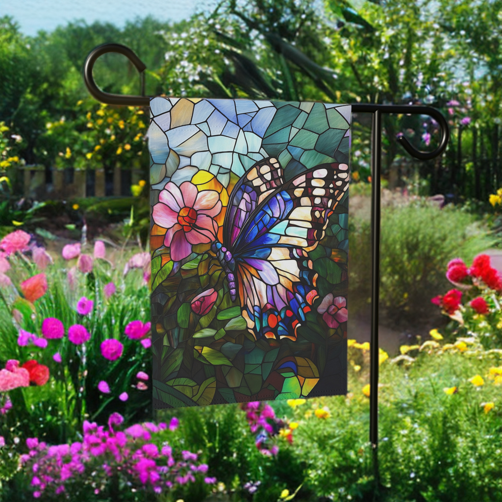 Stained Glass Butterfly Garden Flag - product detail - Dragonfire Gardens