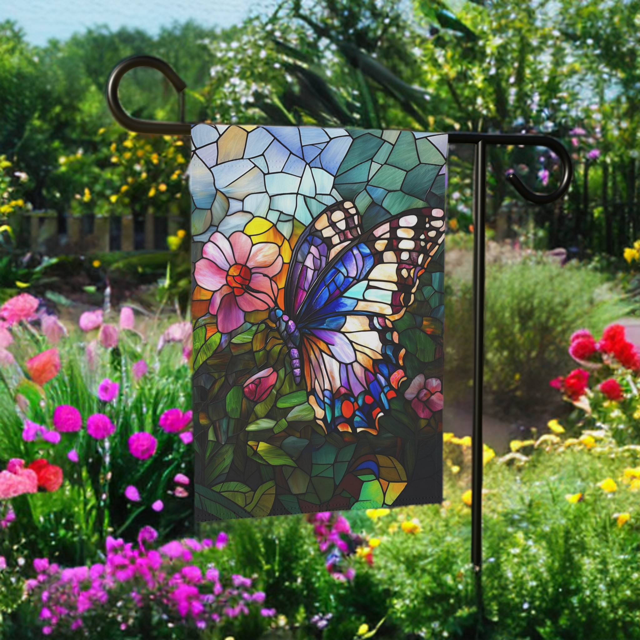 Stained Glass Butterfly Garden Flag - product detail - Dragonfire Gardens