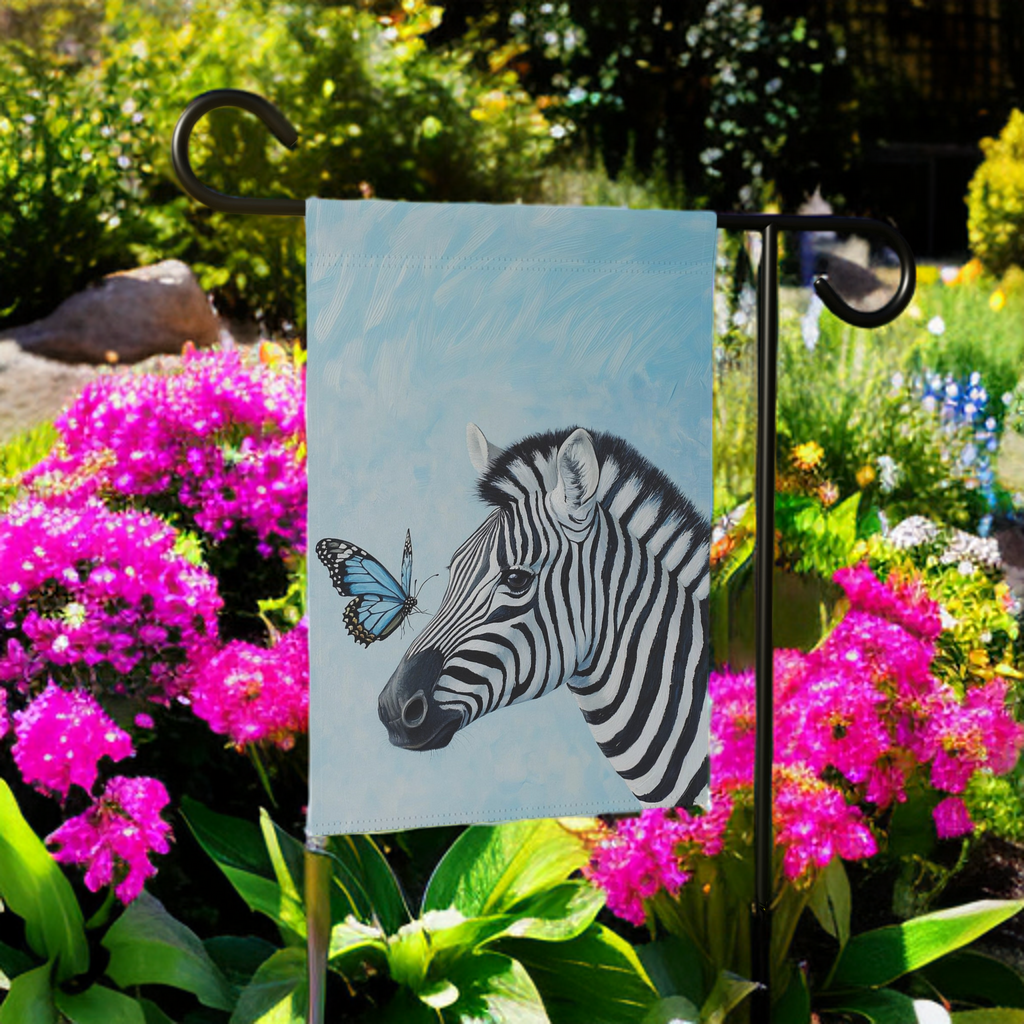 Zebra and Butterfly Garden Flag - size comparison - Dragonfire Gardens