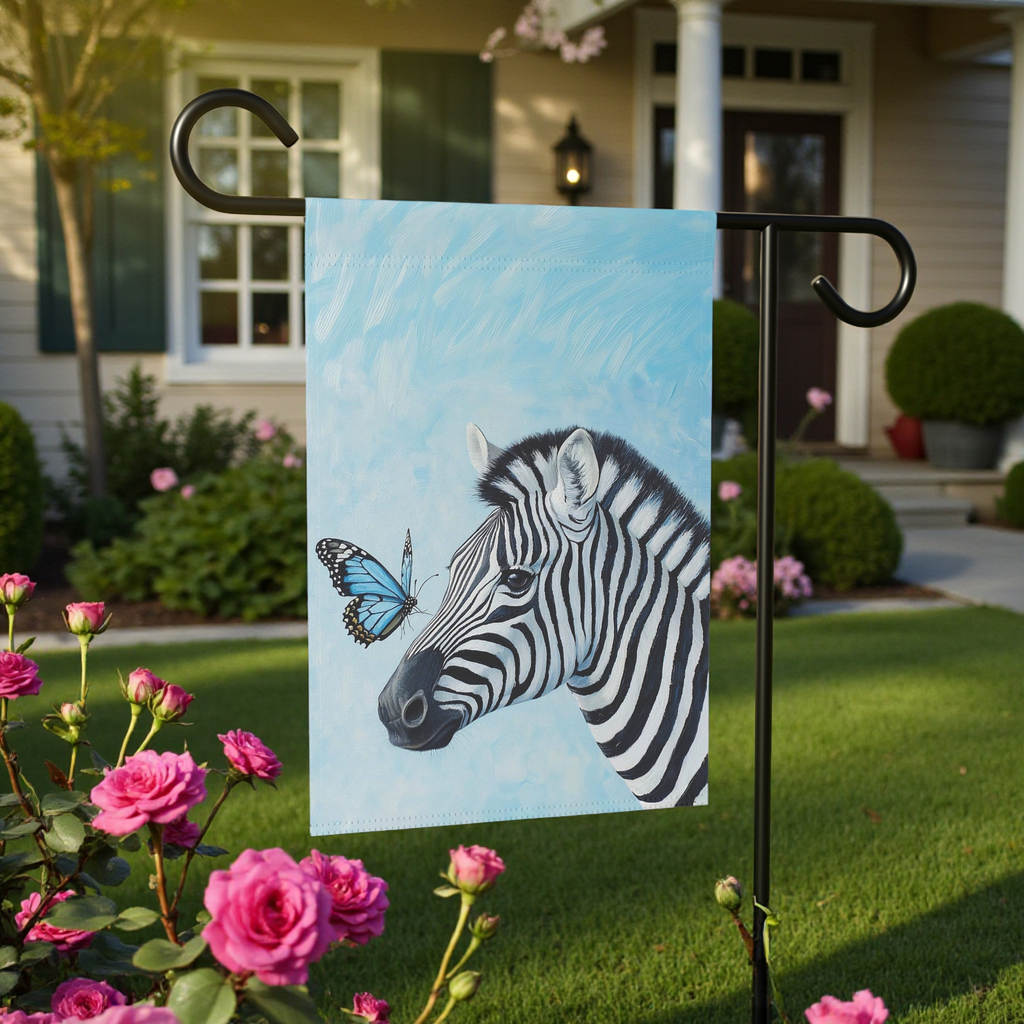 Zebra and Butterfly Garden Flag - front view - Dragonfire Gardens