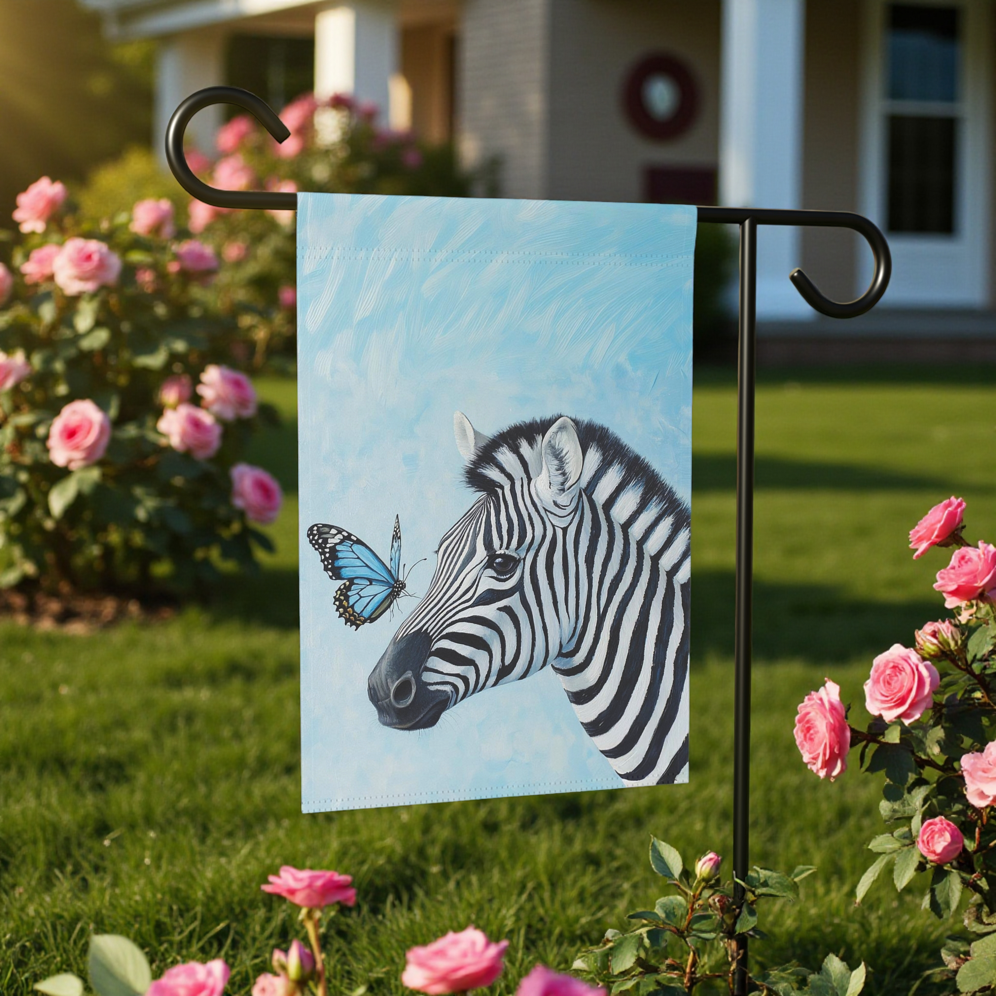 Zebra and Butterfly Garden Flag - lifestyle display - Dragonfire Gardens