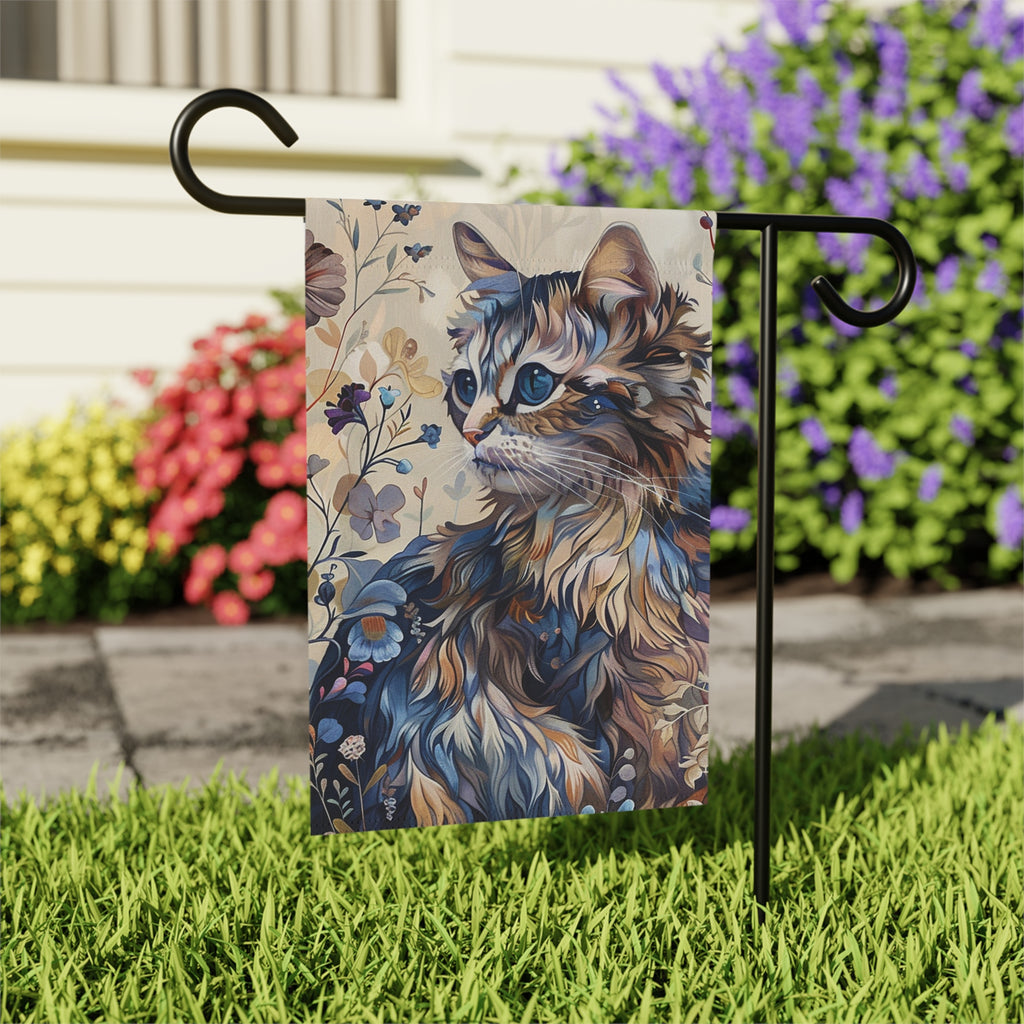 Abstract Beige and Blue Cat Garden Flag - outdoor display - Dragonfire Gardens
