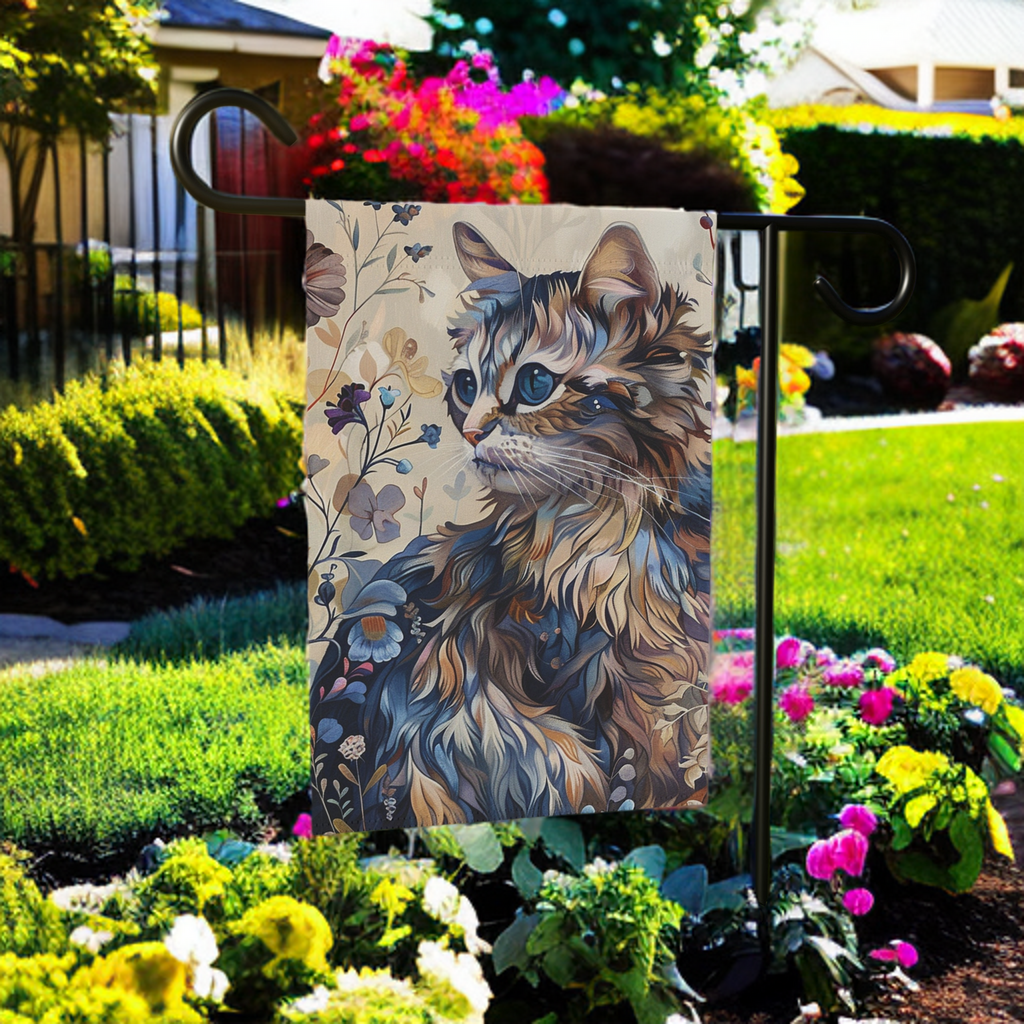 Abstract Beige and Blue Cat Garden Flag - size comparison - Dragonfire Gardens