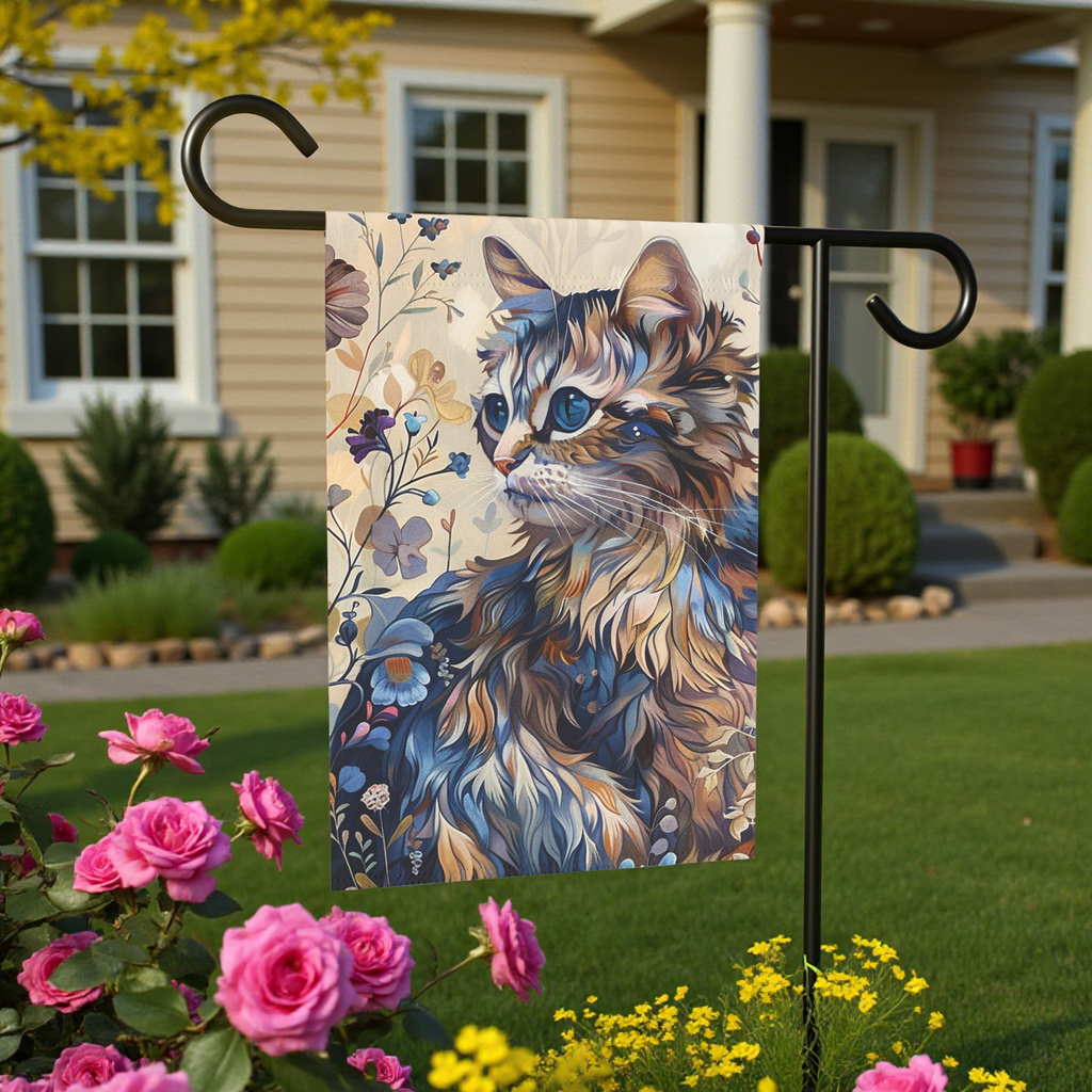 Abstract Beige and Blue Cat Garden Flag - lifestyle display - Dragonfire Gardens