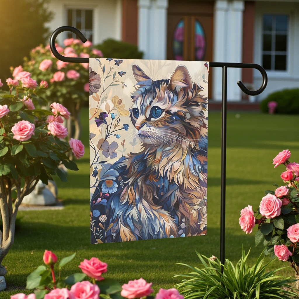 Abstract Beige and Blue Cat Garden Flag - front view - Dragonfire Gardens
