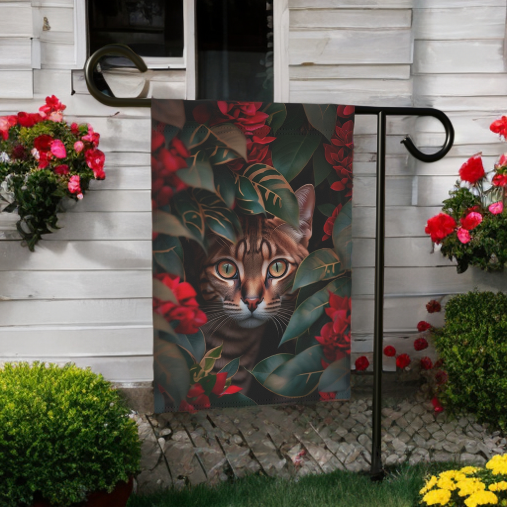 Bengal in Leaves Garden Flag - size comparison - Dragonfire Gardens
