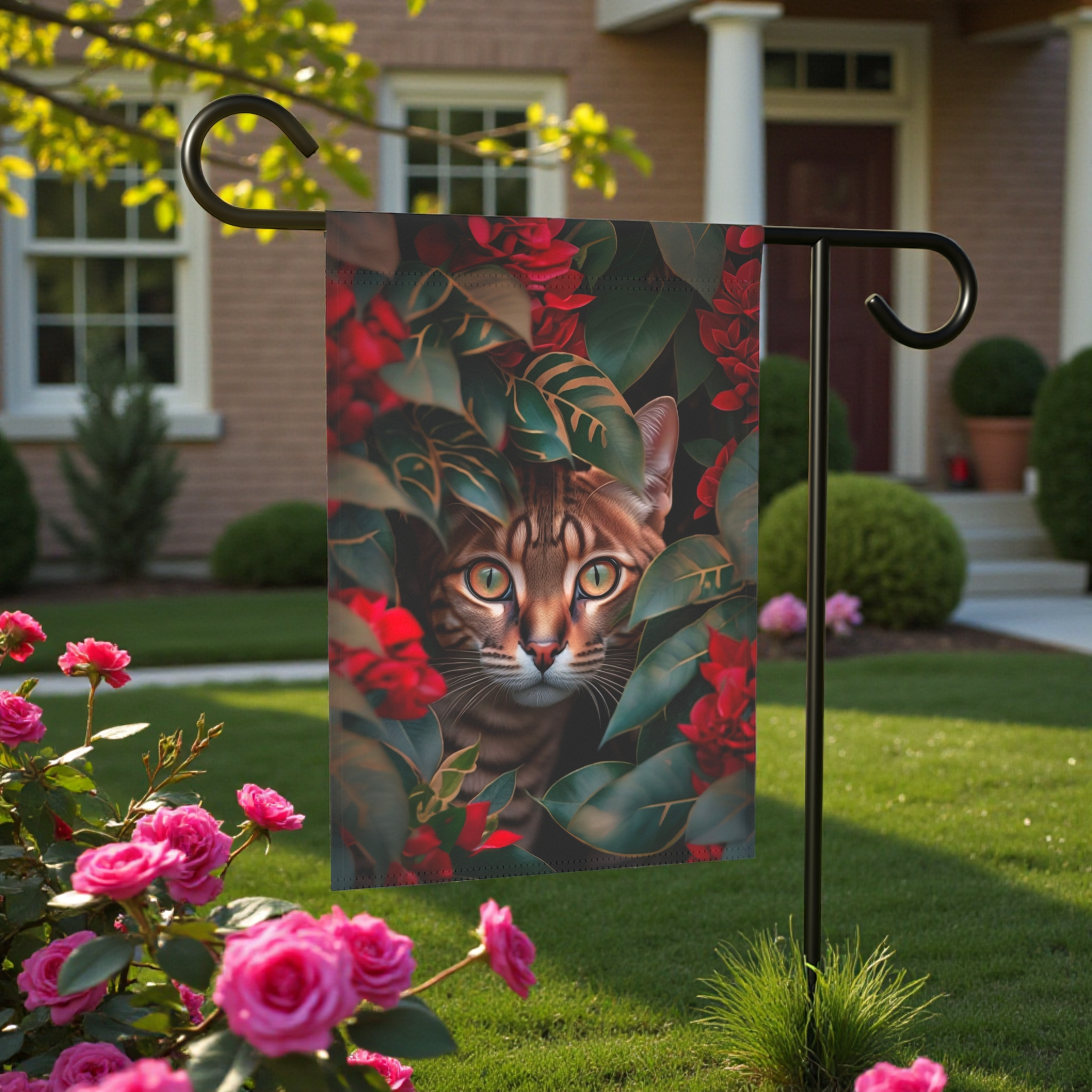 Bengal in Leaves Garden Flag - lifestyle display - Dragonfire Gardens