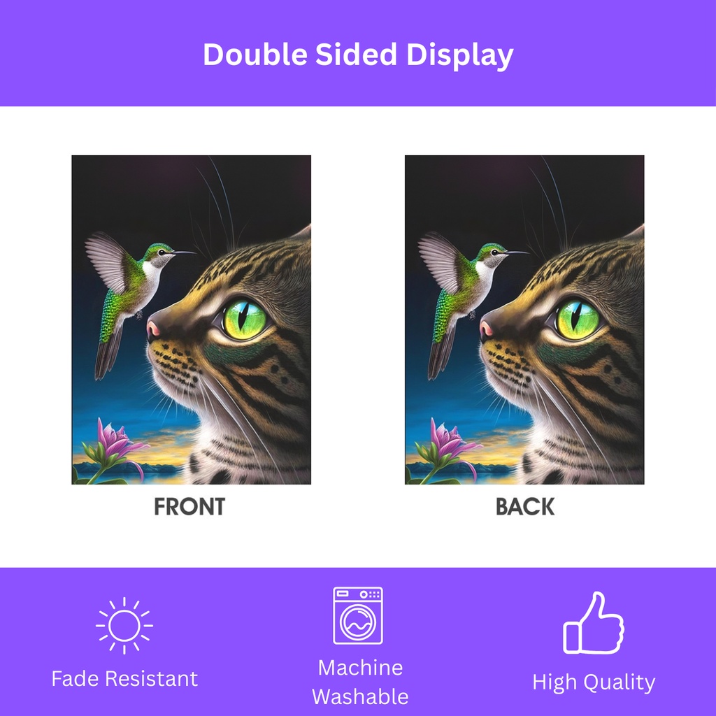 Striped Cat and Hummingbird Garden Flag - double-sided design - Dragonfire Gardens